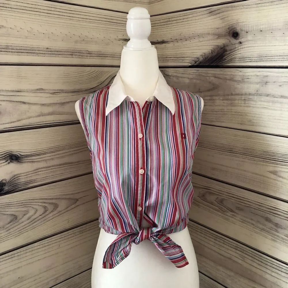 Striped Button Down Collar Sleeveless Shirt